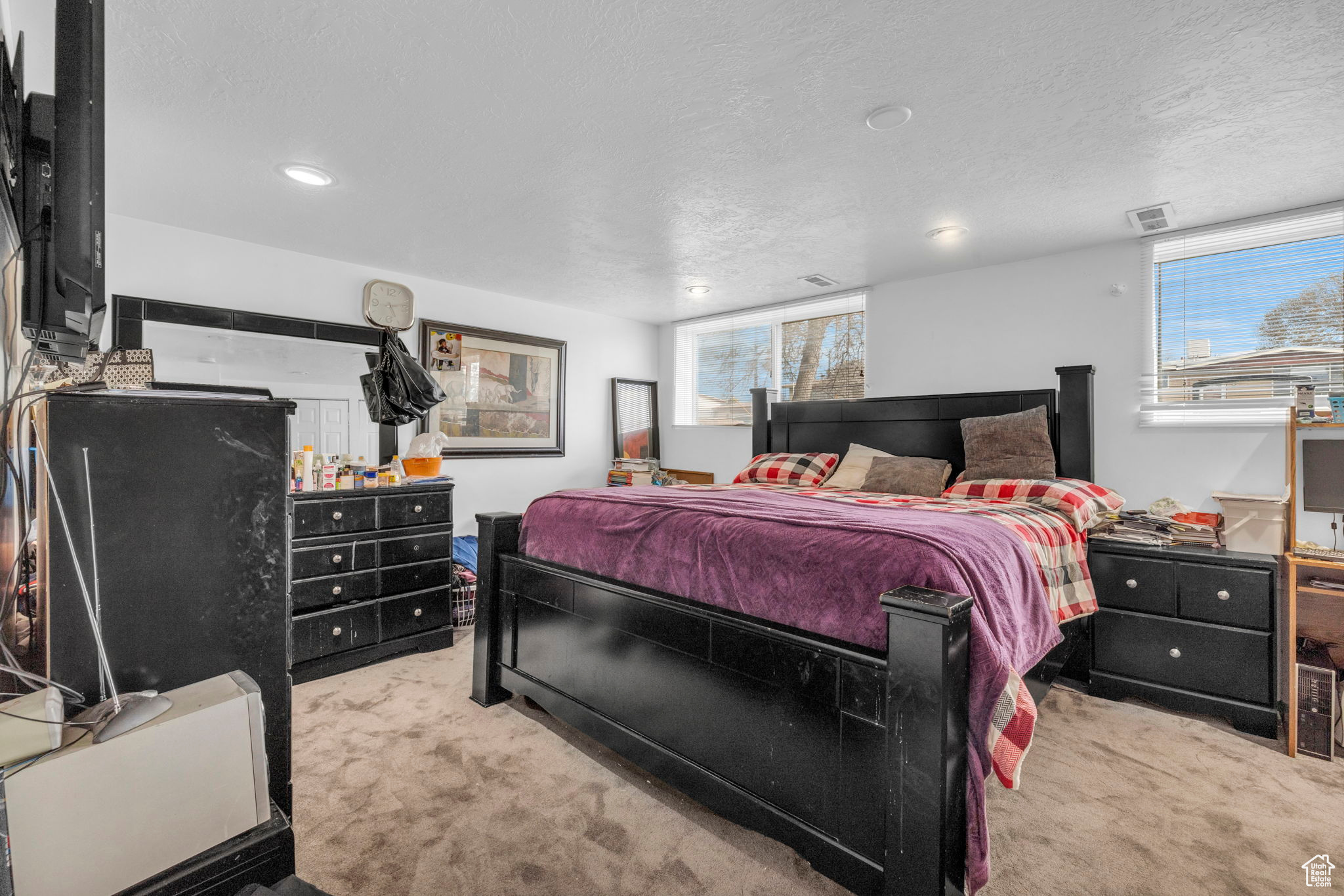 Bedroom with multiple windows, light carpet, and a textured ceiling