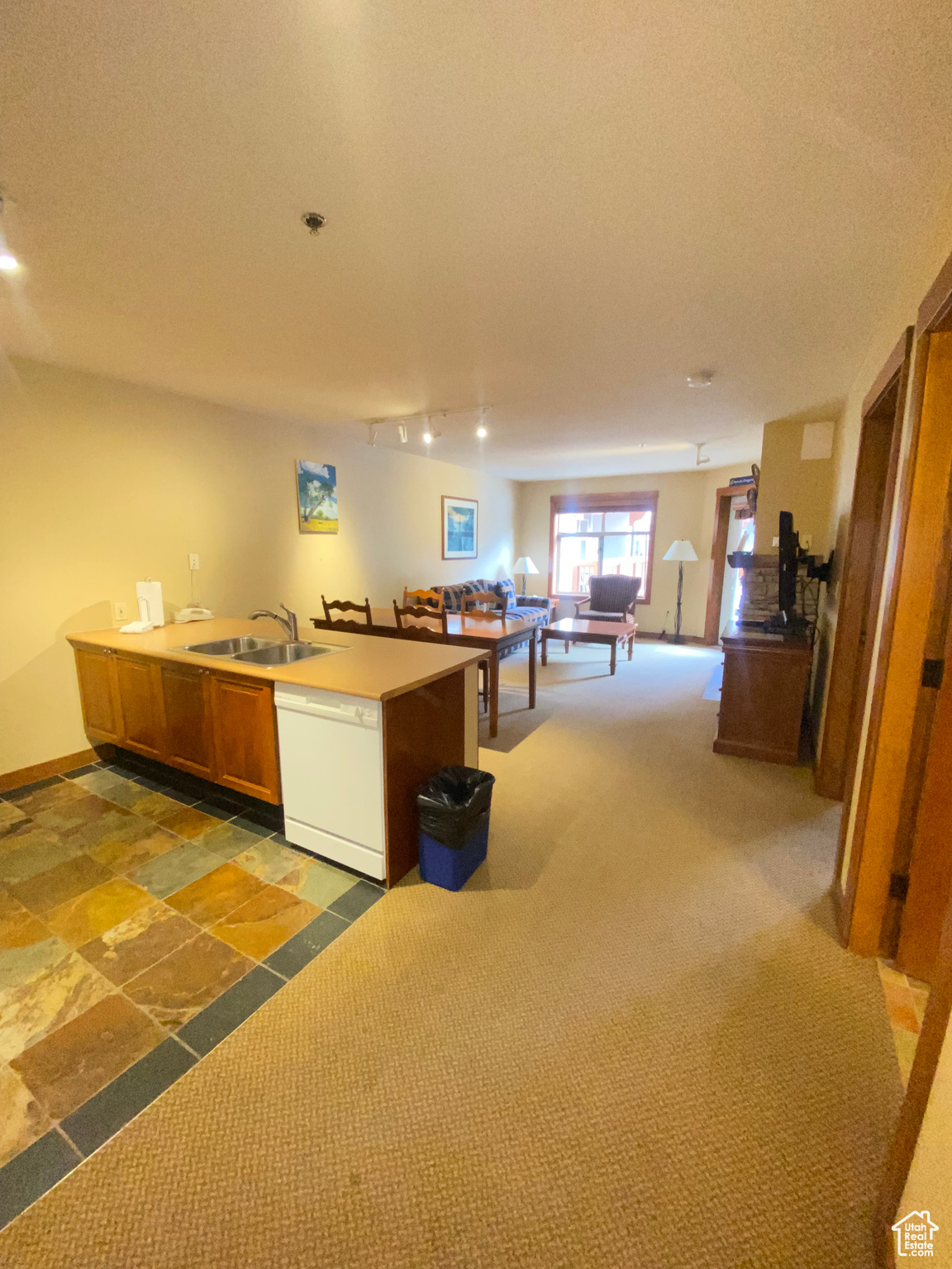 Kitchen with kitchen peninsula, dishwasher, dark carpet, and sink