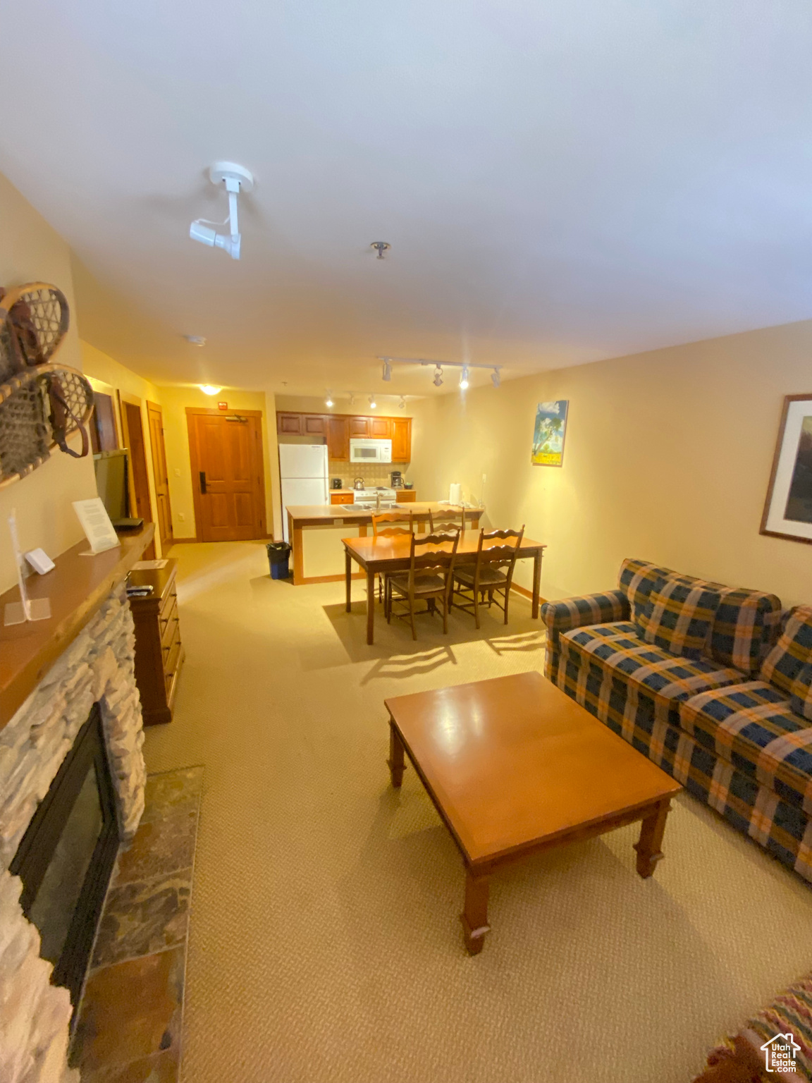 Living room with light carpet, a fireplace, and rail lighting