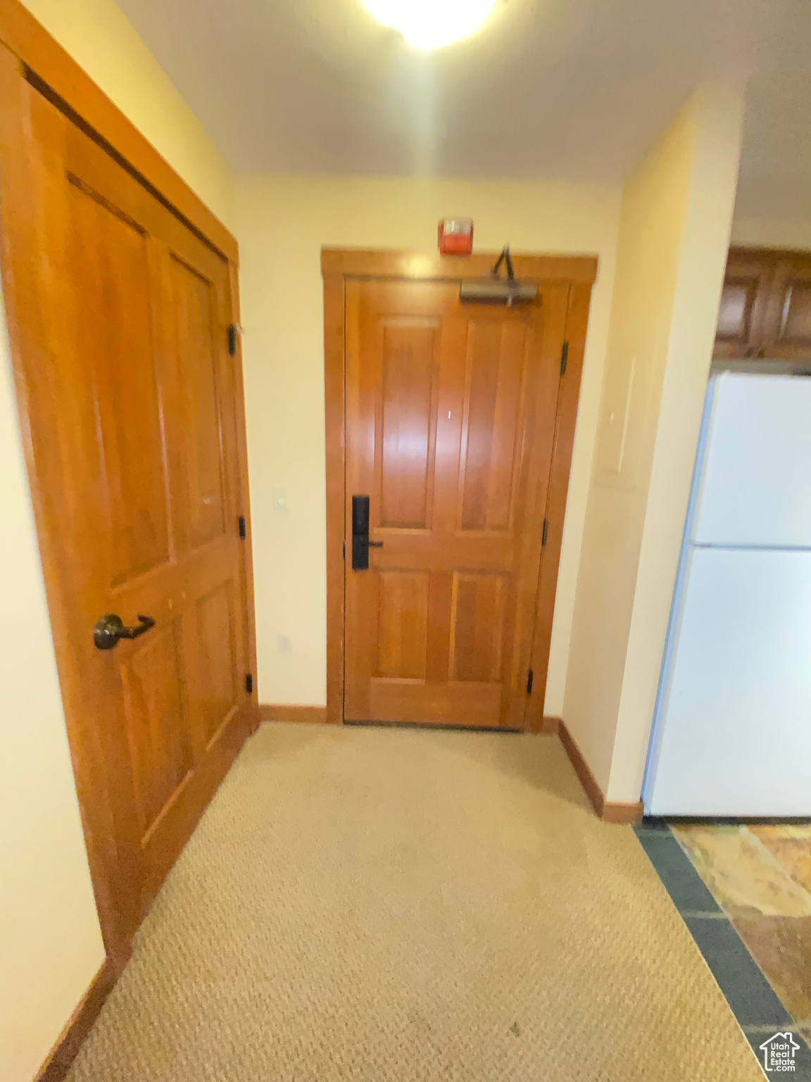 Hallway featuring light colored carpet