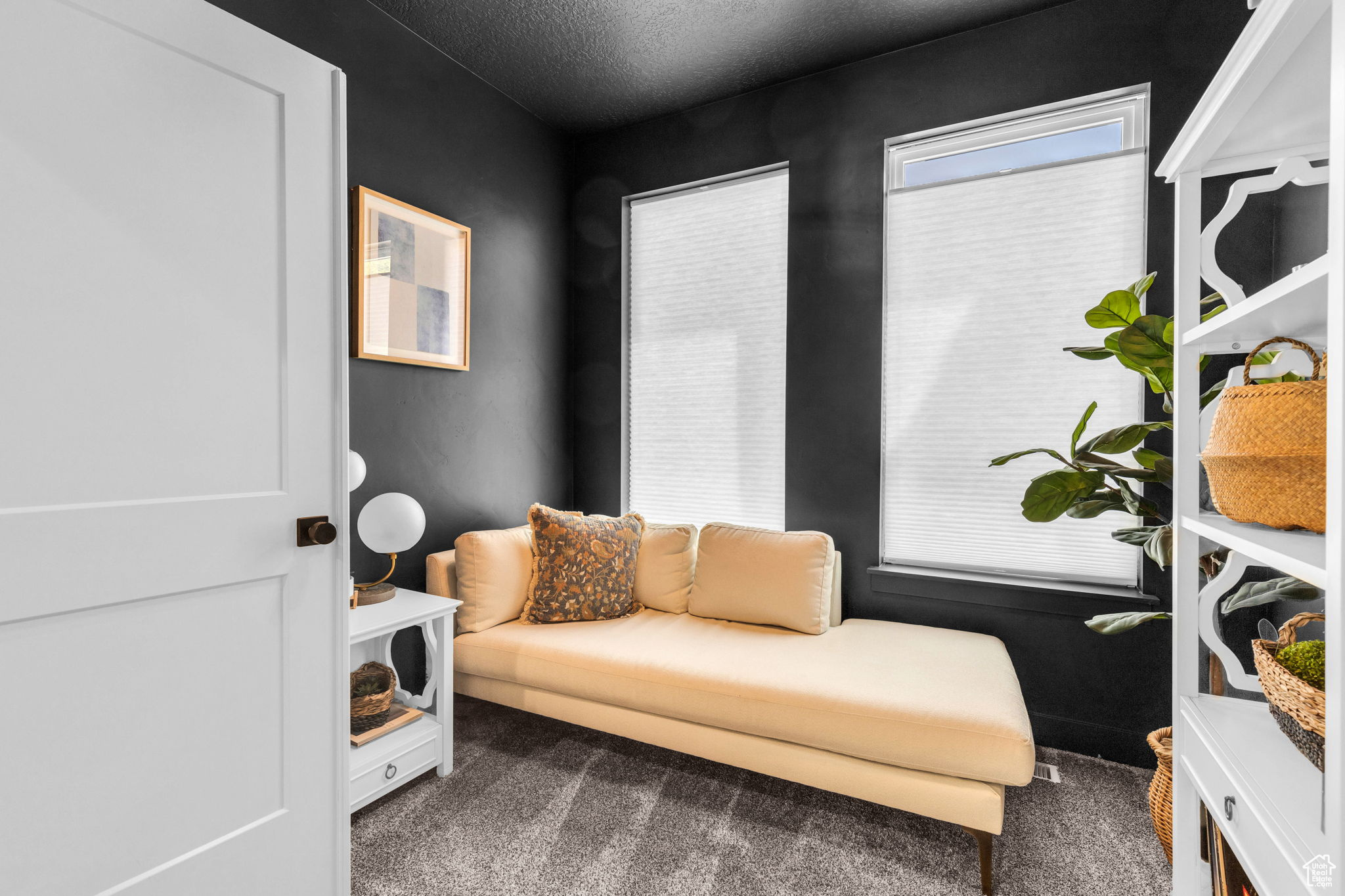 Living area with carpet flooring and a textured ceiling