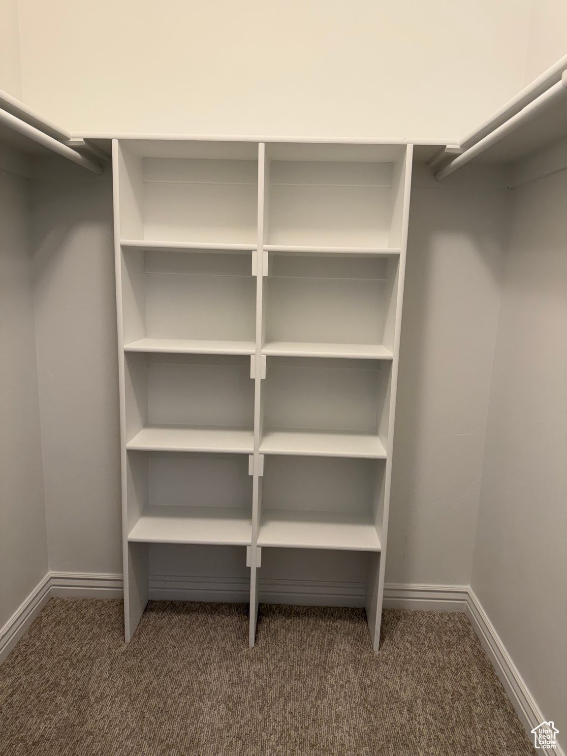 Spacious closet featuring dark colored carpet