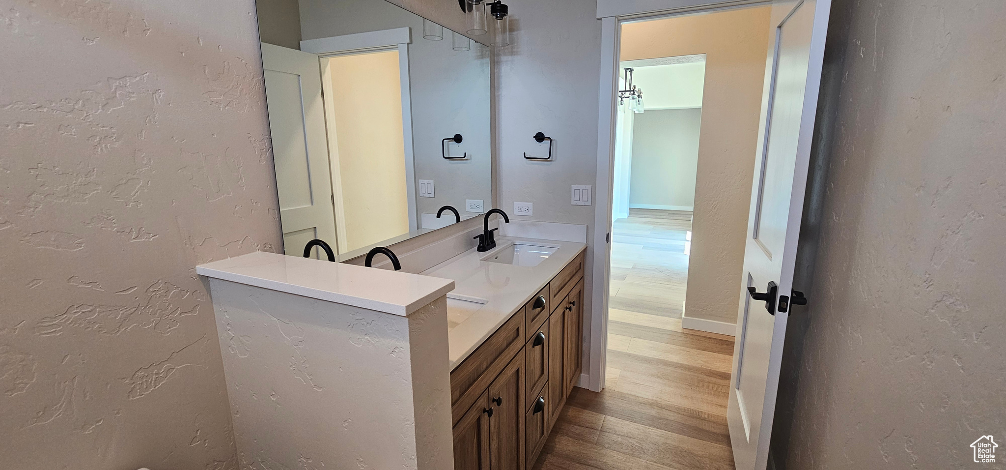 Bathroom with hardwood / wood-style floors and vanity