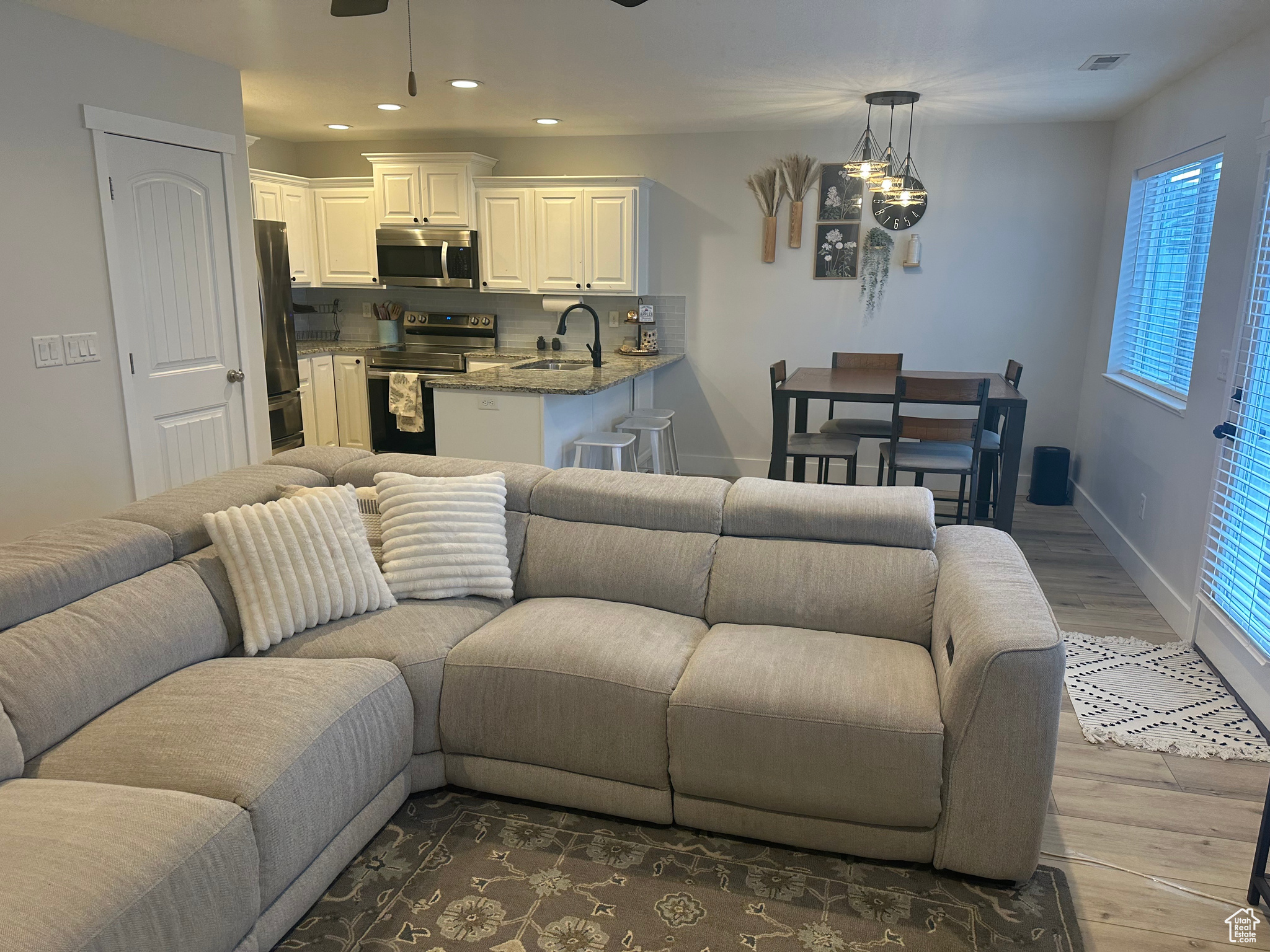 Living room featuring wood-type flooring, ceiling fan, plenty of natural light, and sink