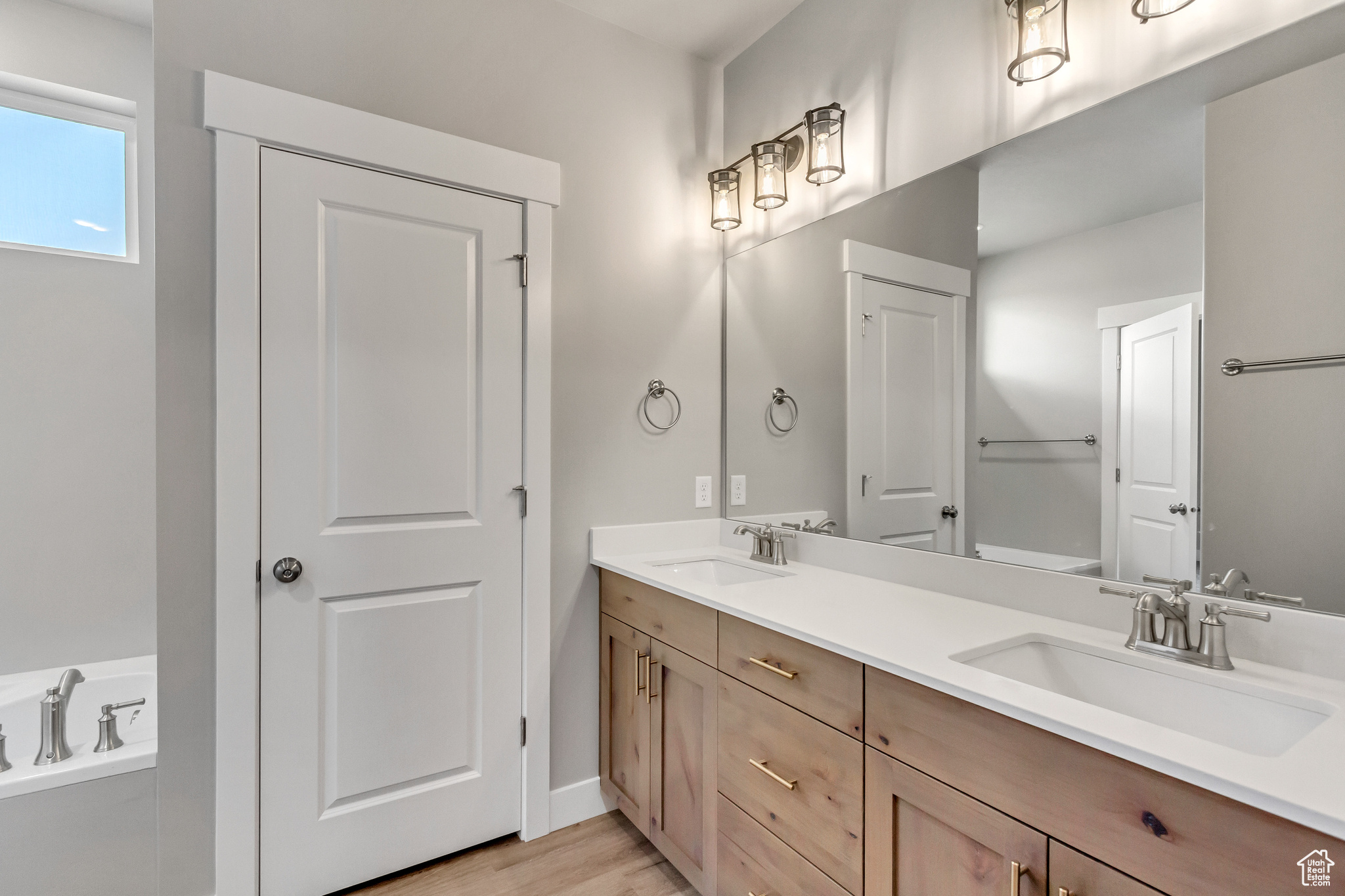 Bathroom with a bathing tub, vanity, and hardwood / wood-style flooring