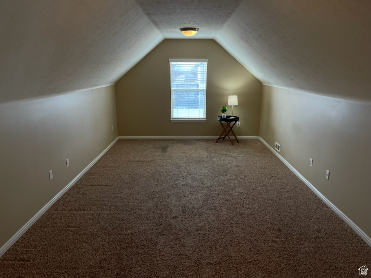 Additional living space with carpet floors, a textured ceiling, and vaulted ceiling