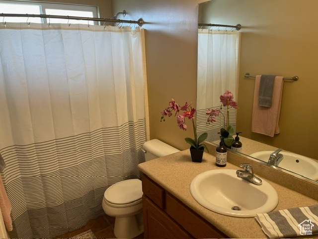 Bathroom featuring vanity, a shower with shower curtain, and toilet