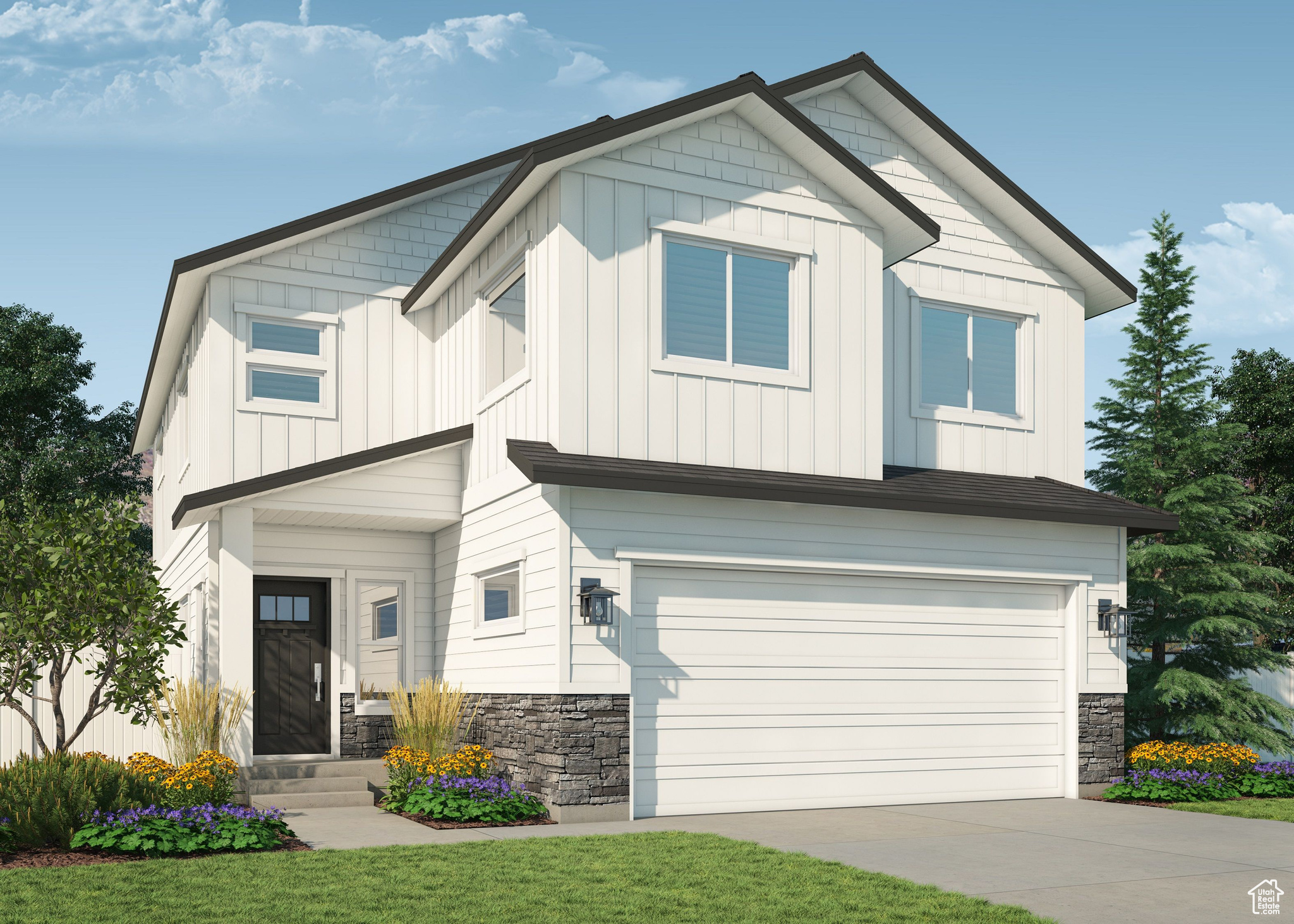 Craftsman-style house with a front lawn and a garage