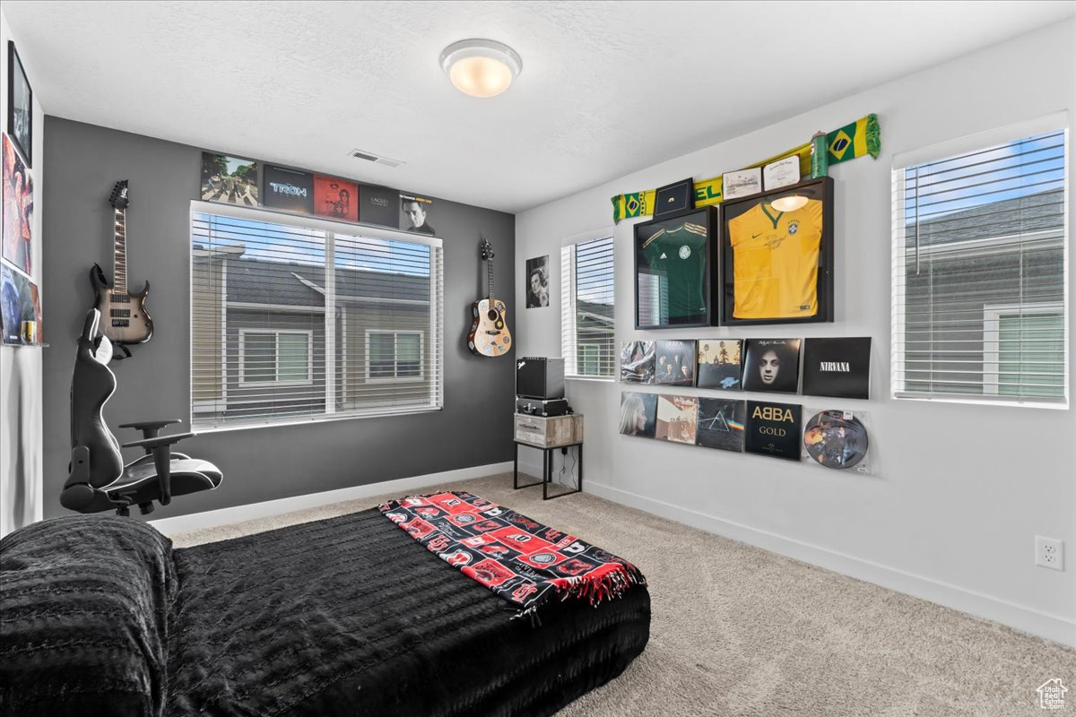 Bedroom featuring carpet and multiple windows