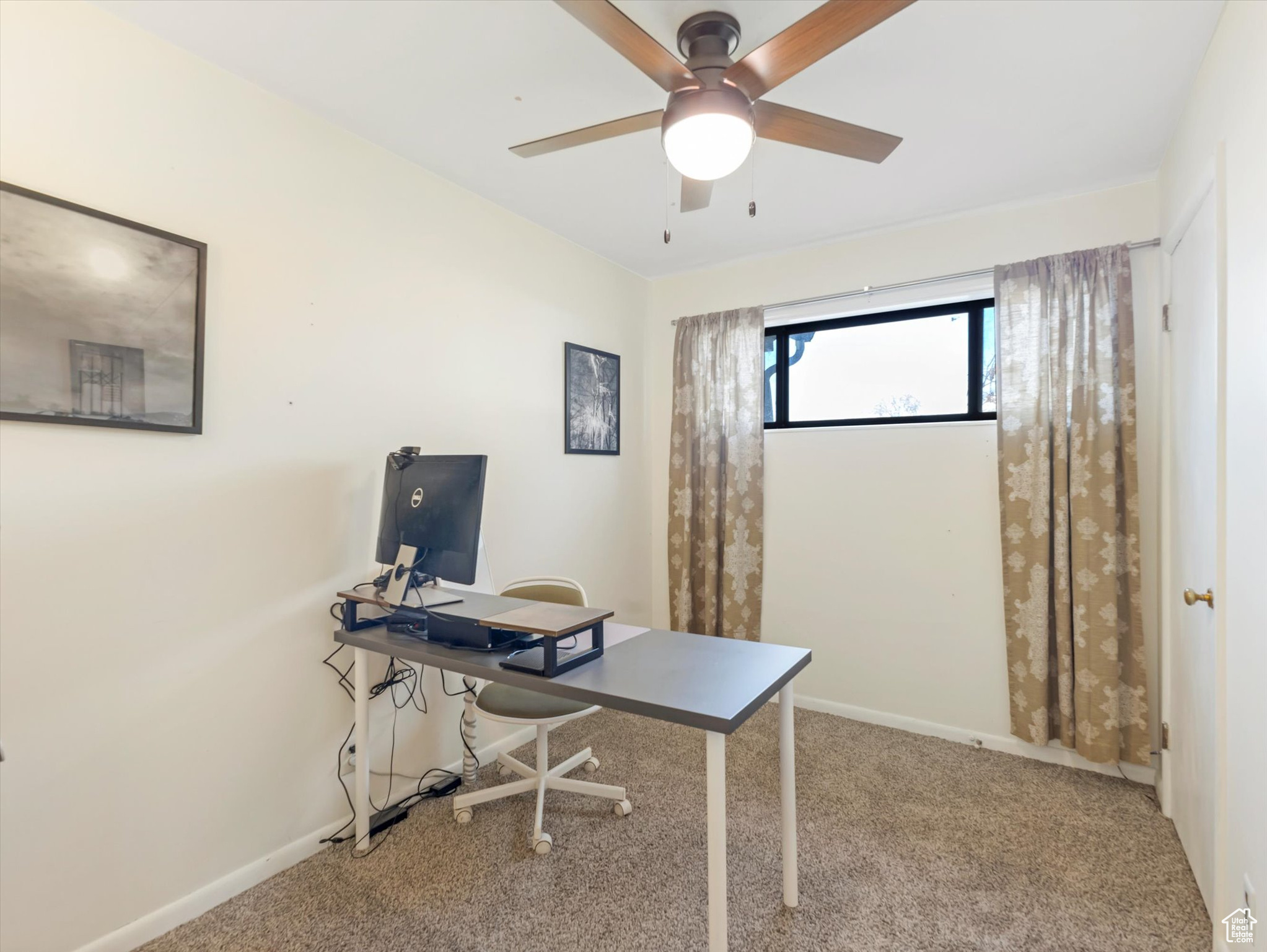 Bedroom #1 with carpet and ceiling fan