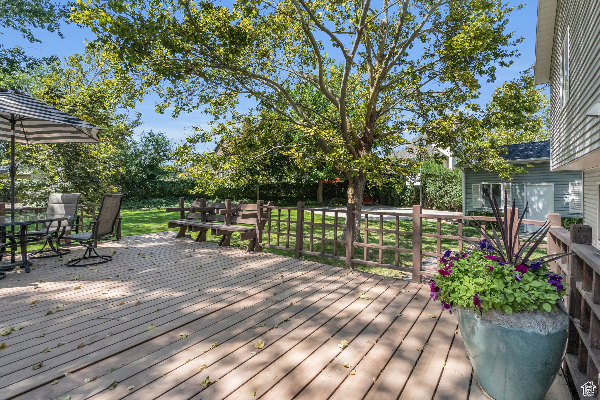 Wooden deck featuring a lawn