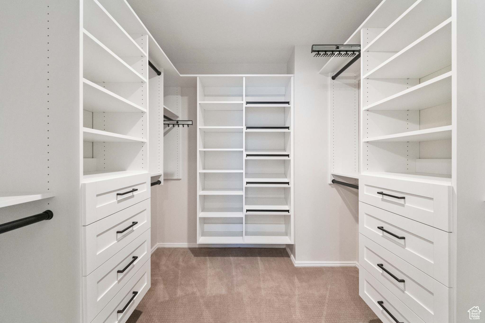 Walk in closet featuring light carpet