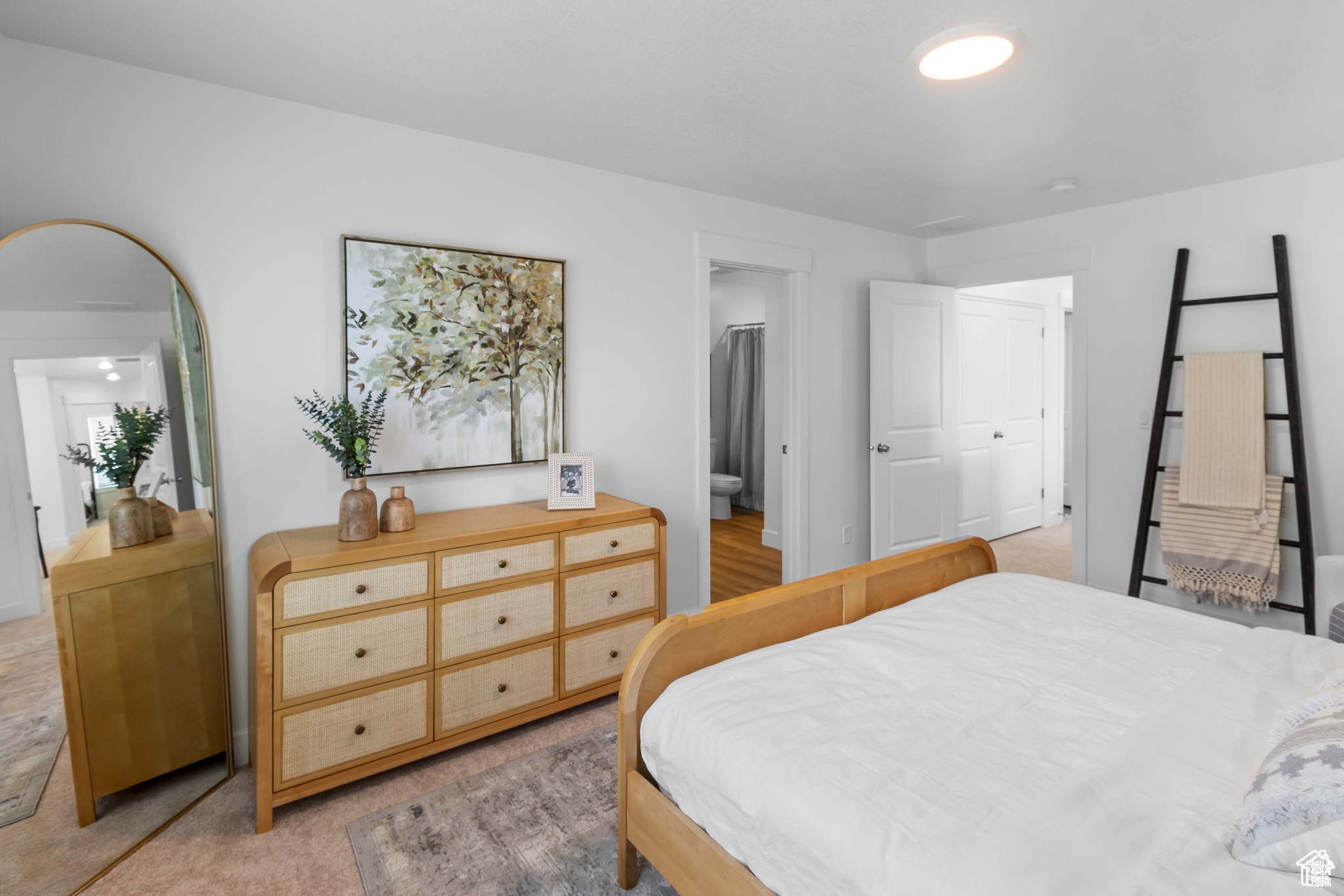 Carpeted bedroom featuring a closet