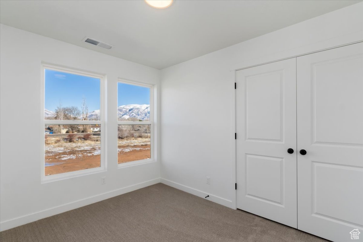 Unfurnished bedroom featuring a mountain view, a closet, and light colored carpet