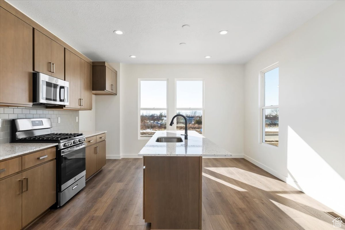 Kitchen featuring light stone countertops, sink, stainless steel appliances, dark hardwood / wood-style flooring, and a center island with sink