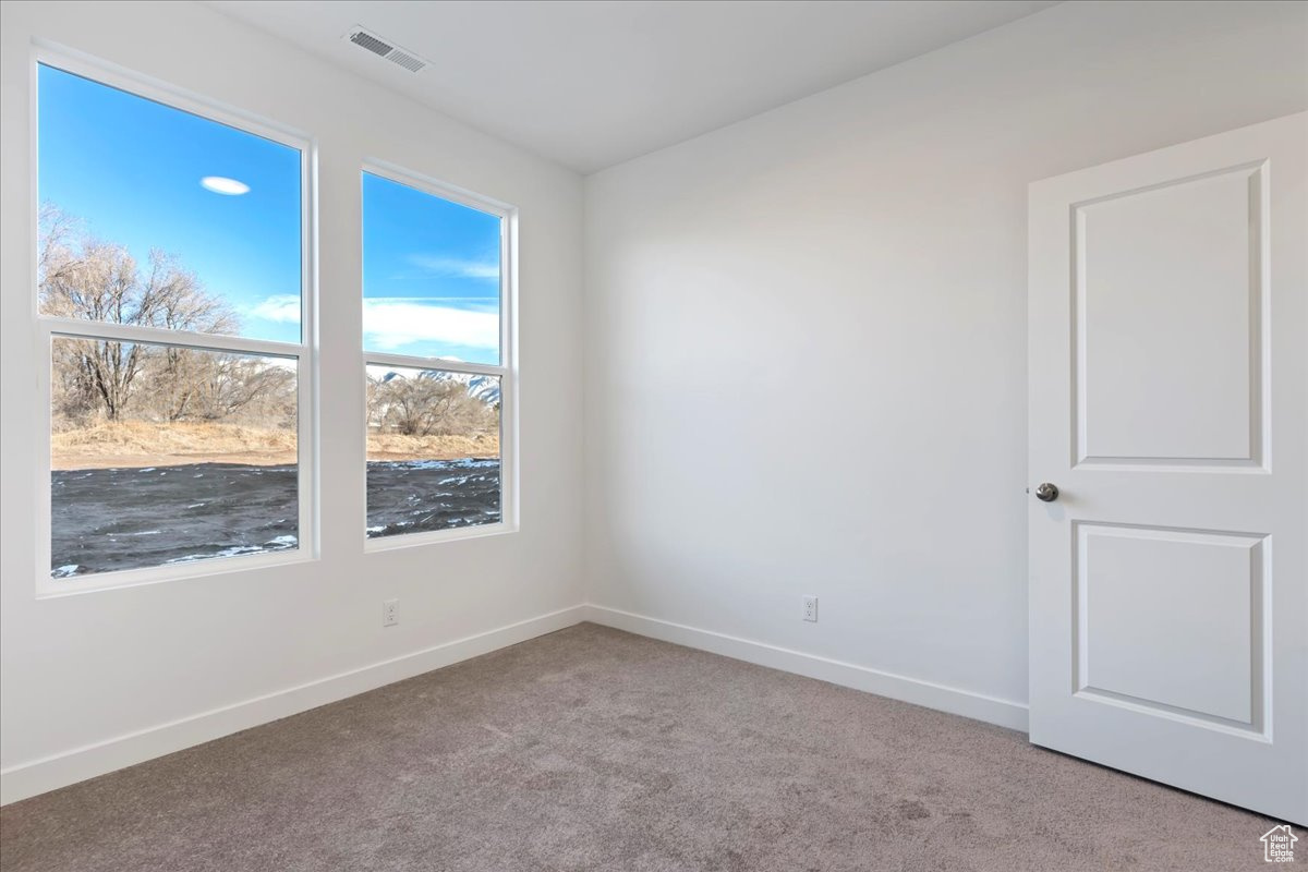 Unfurnished room featuring light colored carpet