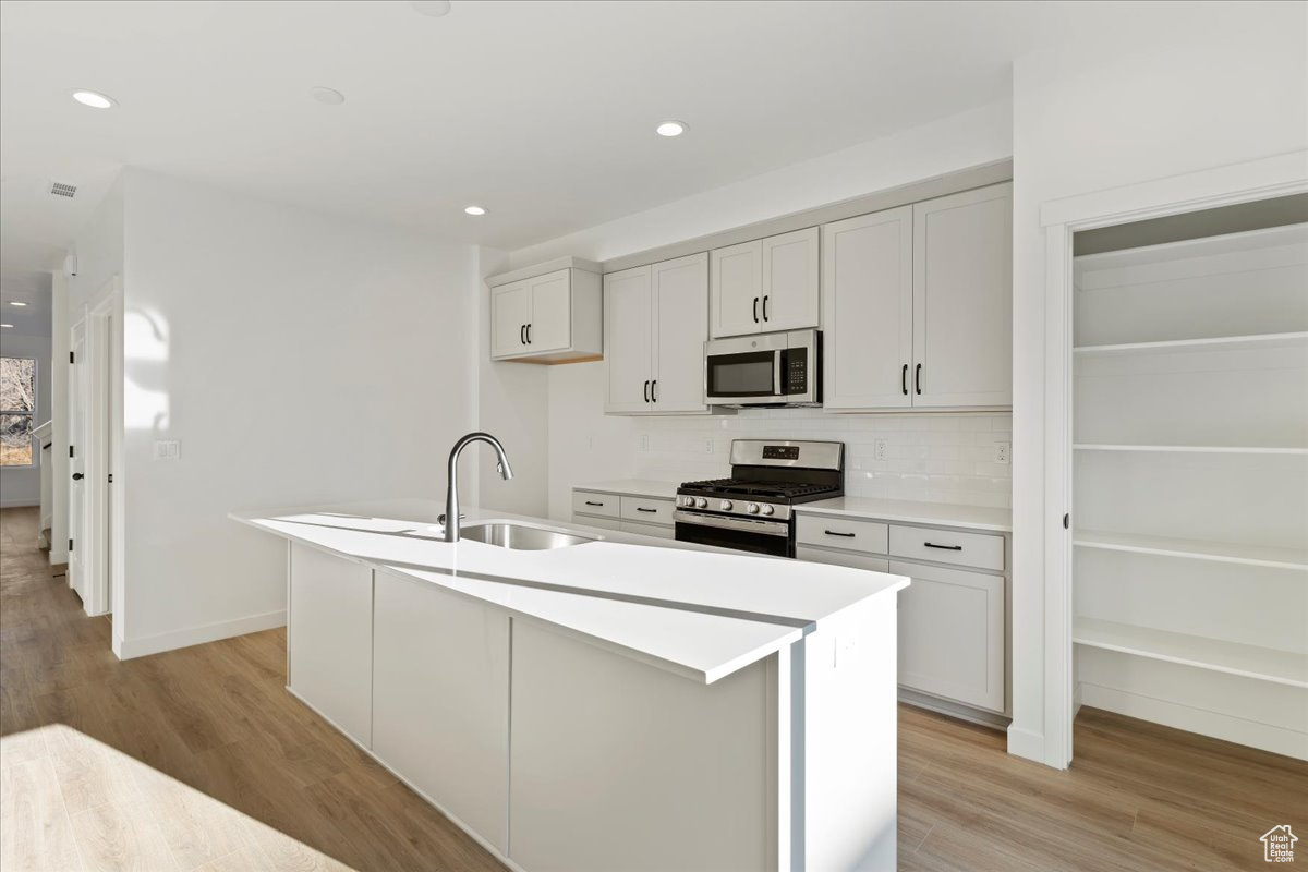 Kitchen featuring light wood-type flooring, stainless steel appliances, a kitchen island with sink, and sink