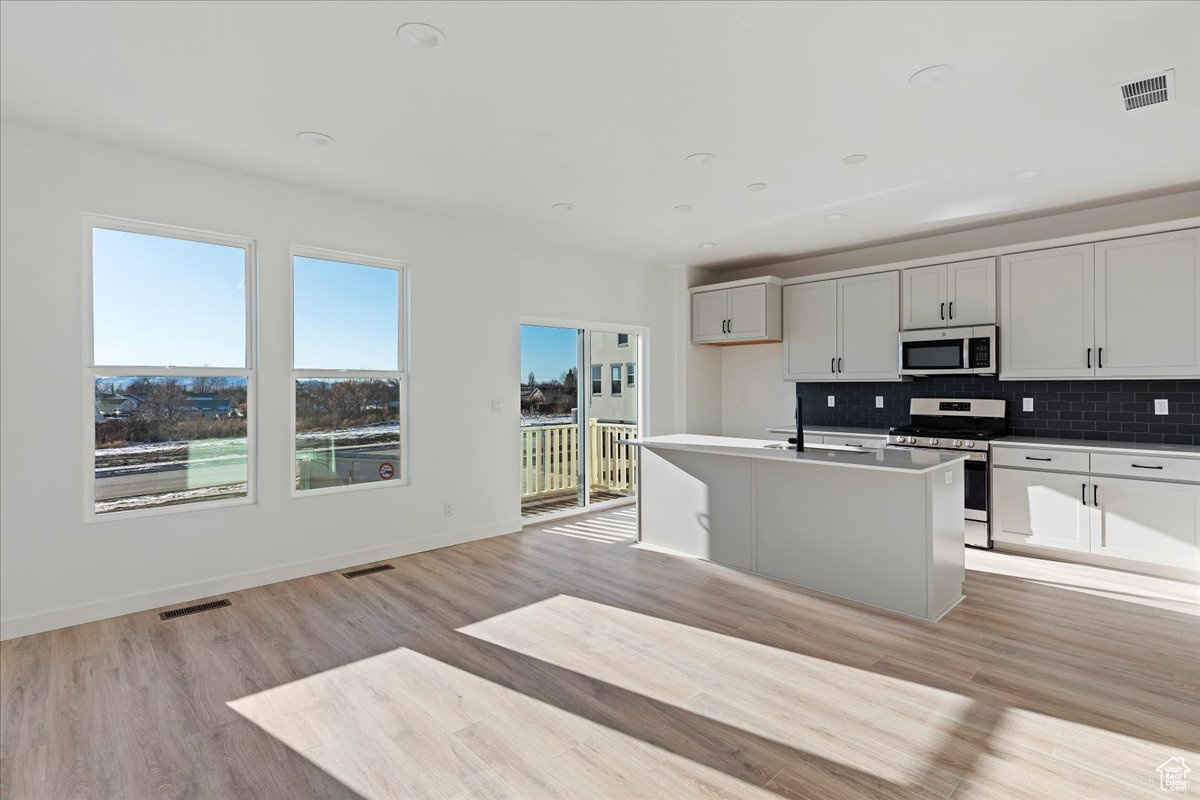 Kitchen with decorative backsplash, appliances with stainless steel finishes, light wood-type flooring, sink, and an island with sink