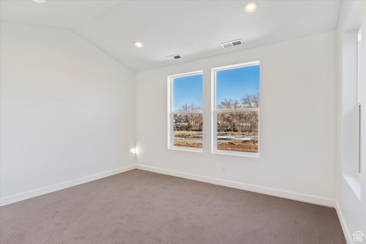 Unfurnished room with carpet flooring and lofted ceiling