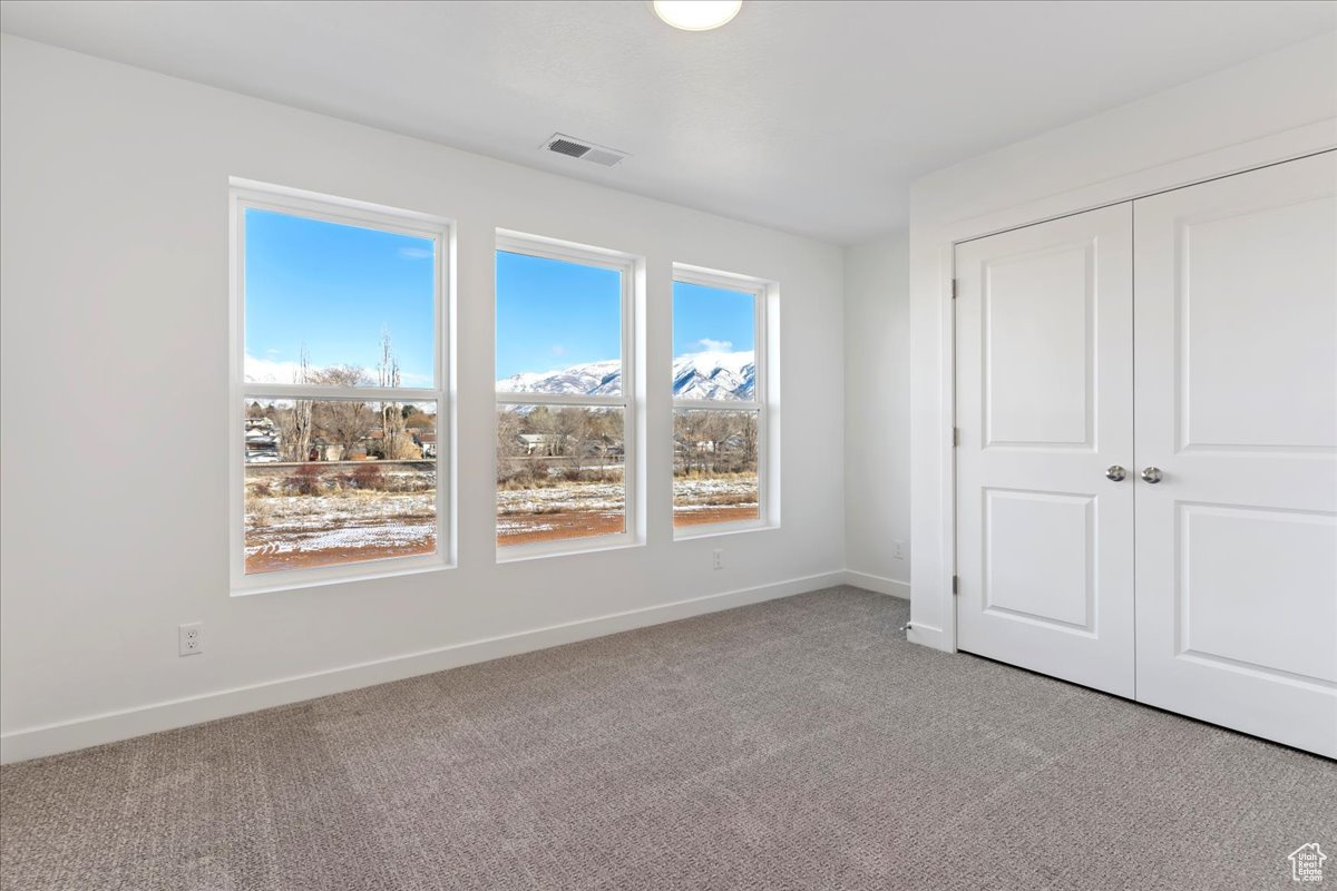 Unfurnished bedroom with a mountain view, light colored carpet, and a closet