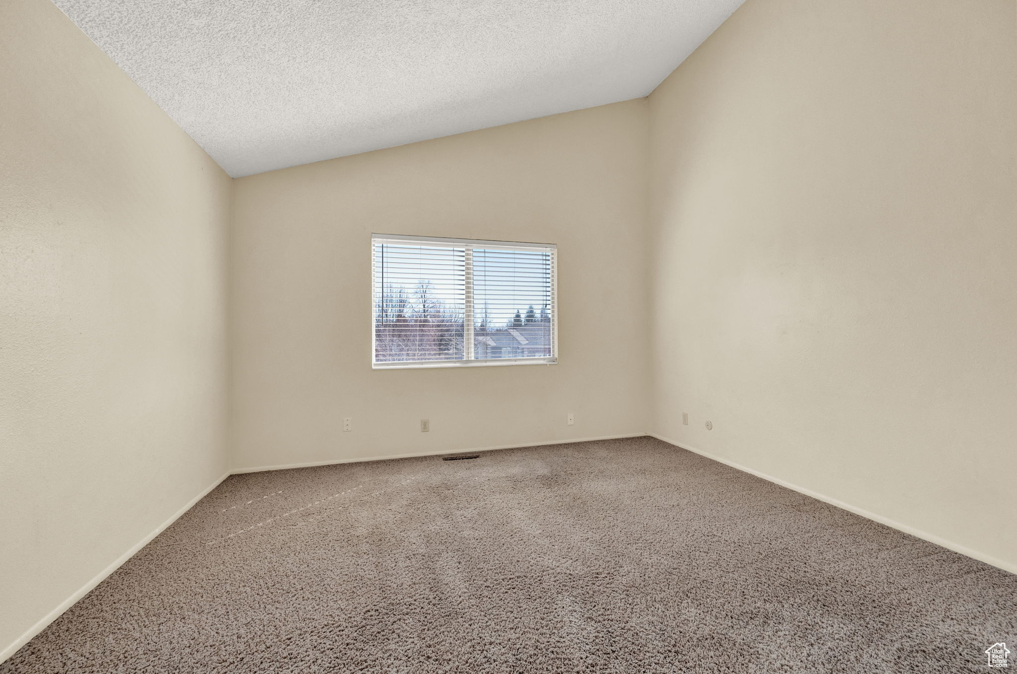 Unfurnished room with a textured ceiling, carpet floors, and vaulted ceiling