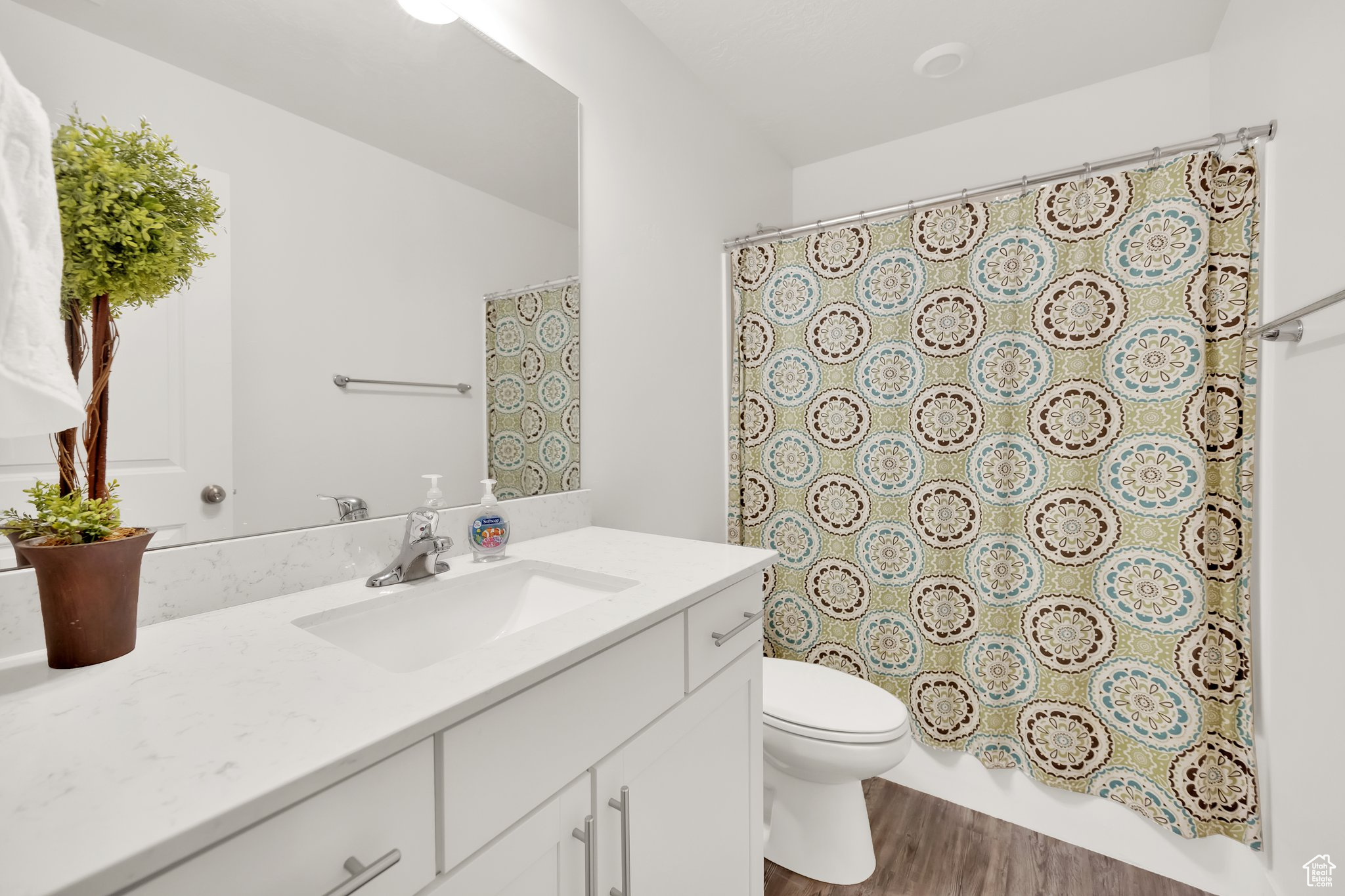 Bathroom featuring hardwood / wood-style floors, vanity, and toilet