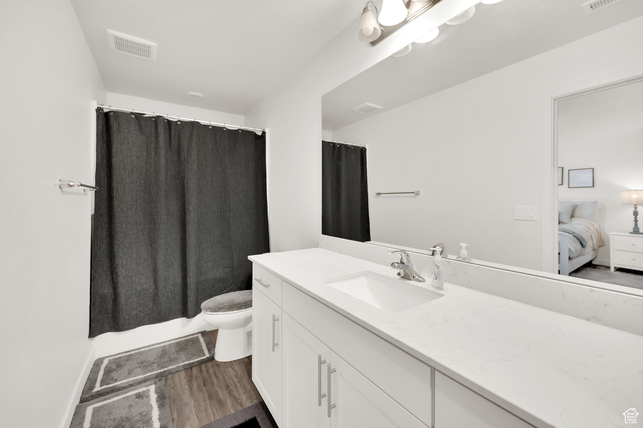 Bathroom with hardwood / wood-style floors, vanity, a shower with shower curtain, and toilet