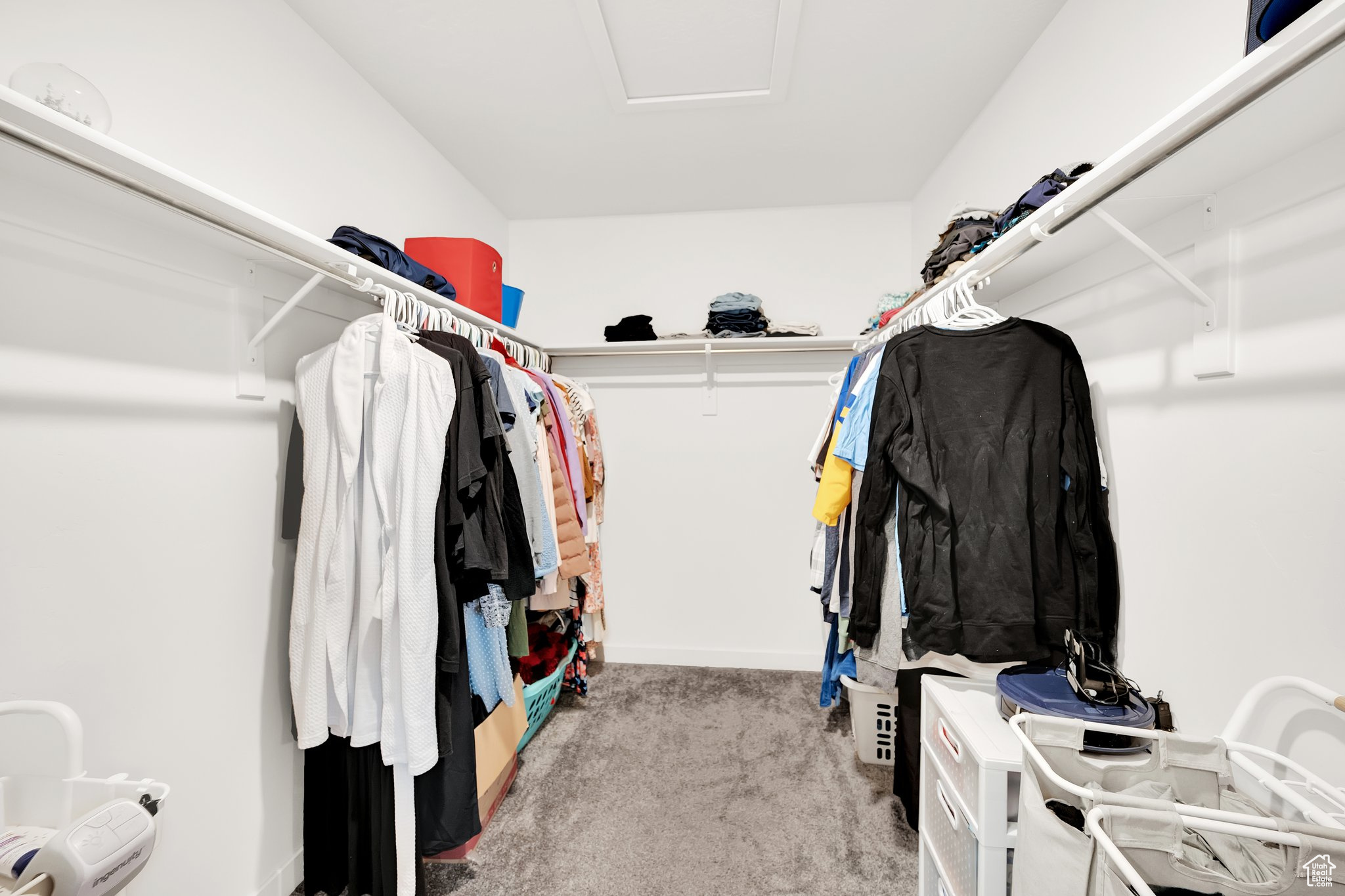 Walk in closet featuring light colored carpet