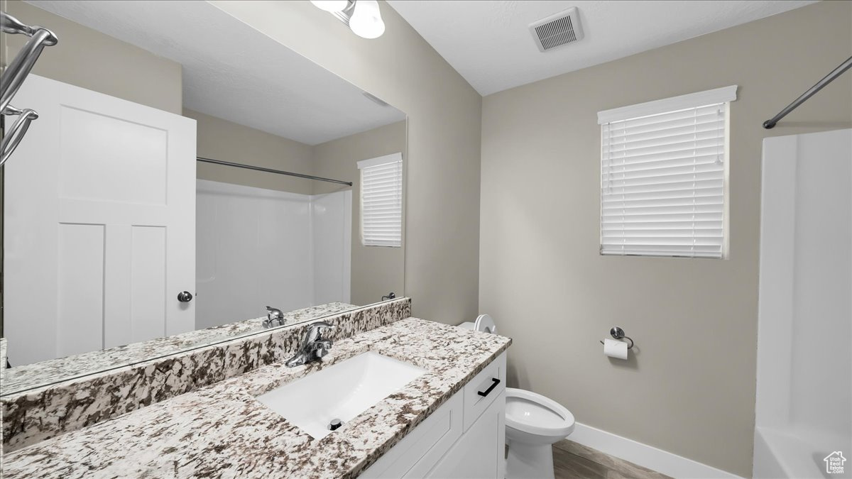 Bathroom with hardwood / wood-style flooring, vanity, and toilet