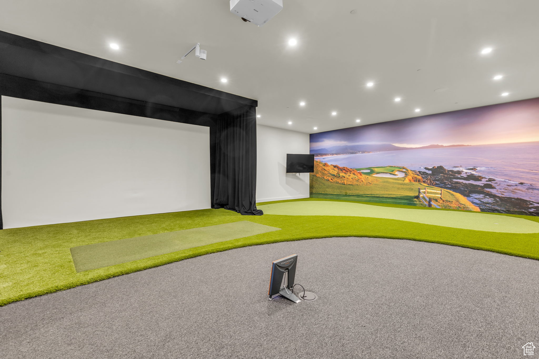 Game room with carpet and golf simulator