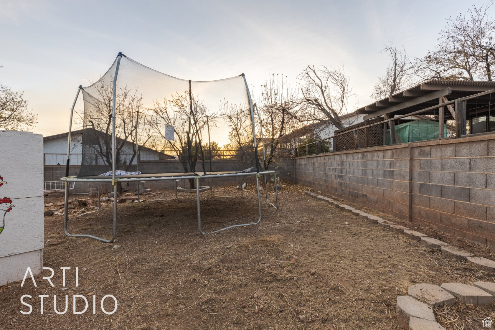 Yard at dusk with a trampoline