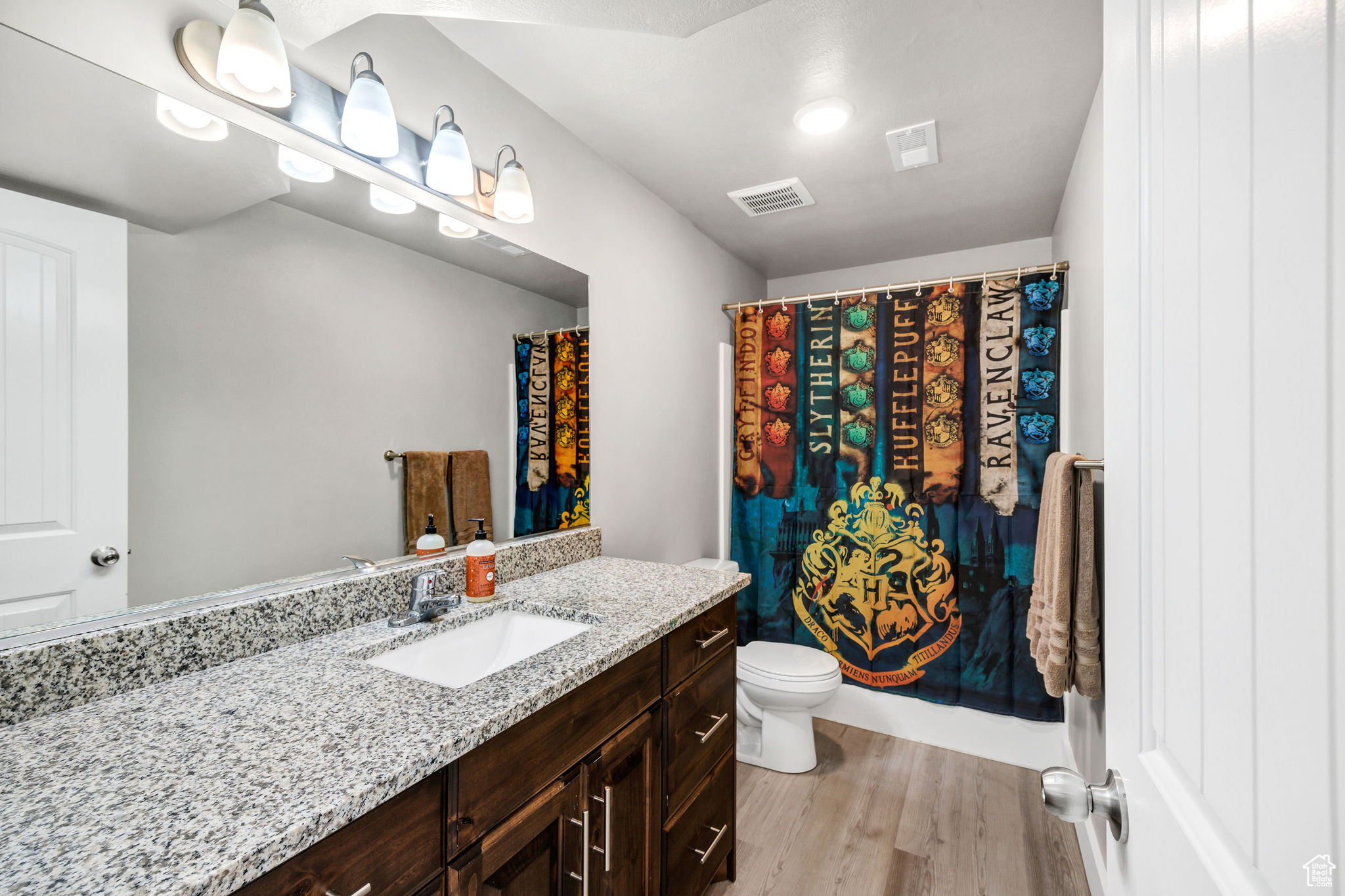 Bathroom with a shower with curtain, toilet, vanity, and hardwood / wood-style flooring