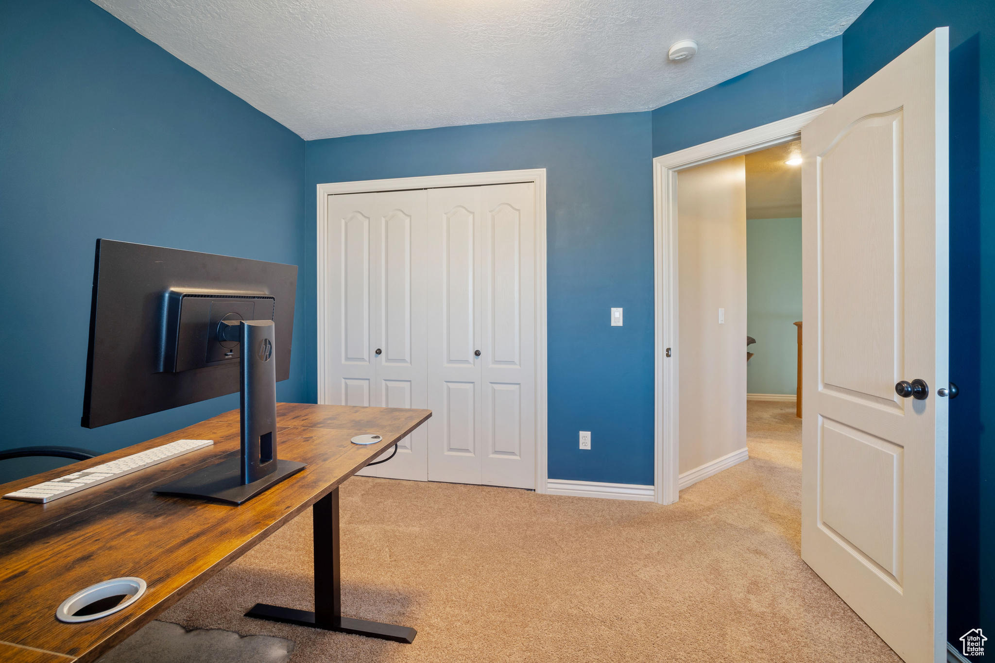 Carpeted home office featuring a textured ceiling