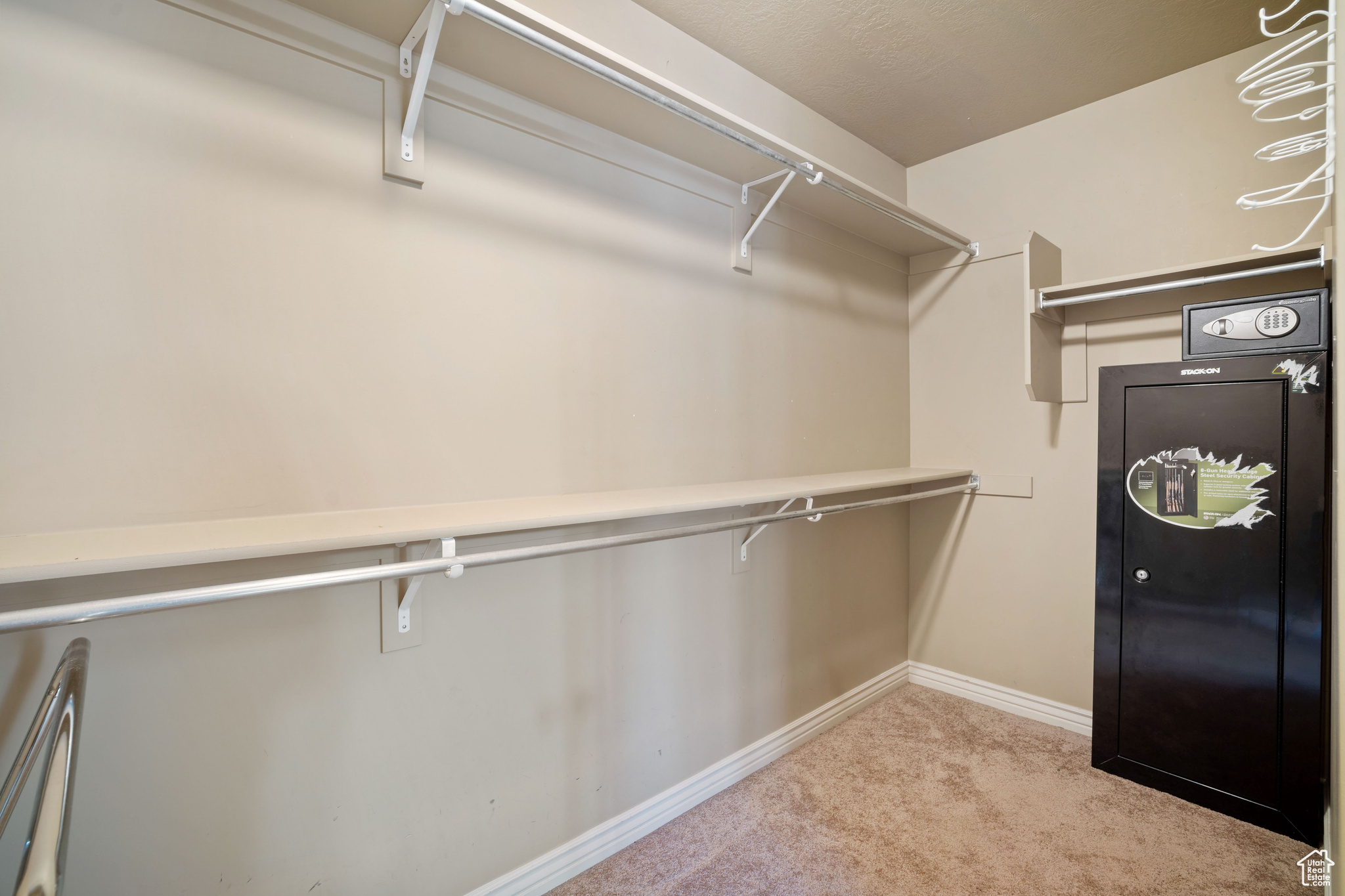 Walk in closet with light colored carpet