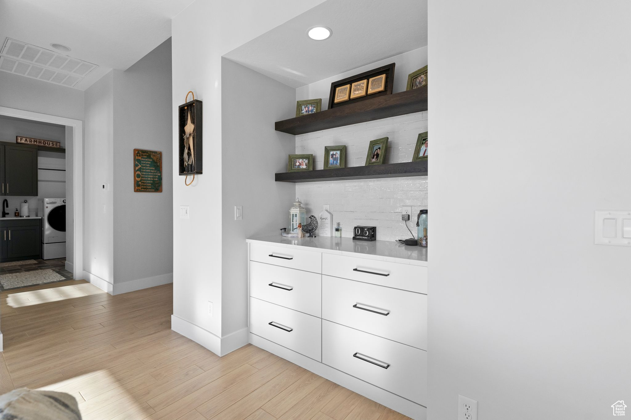 Bar with built-in cabinets and drawers for storage