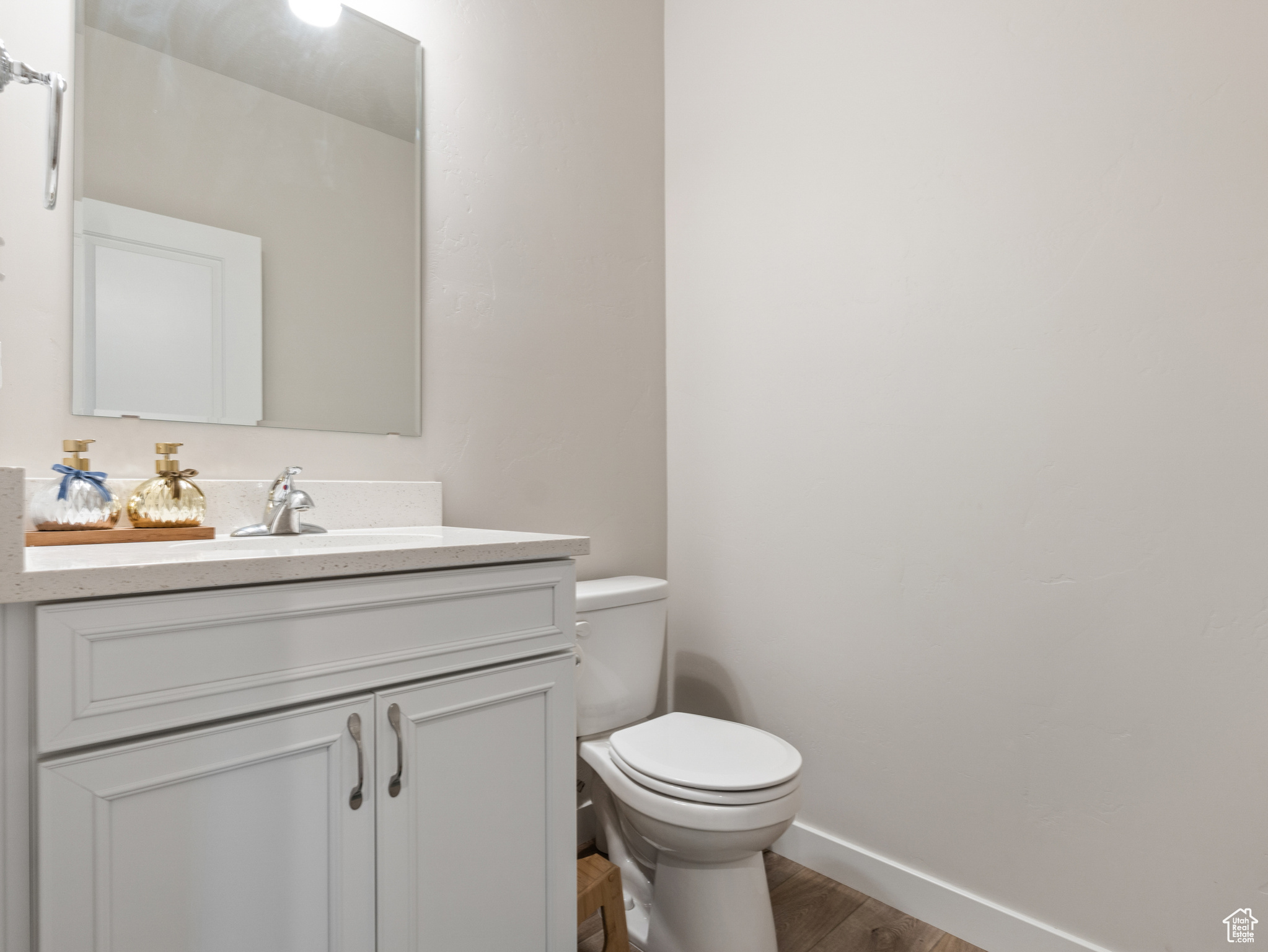 Bathroom with hardwood / wood-style flooring, vanity, and toilet