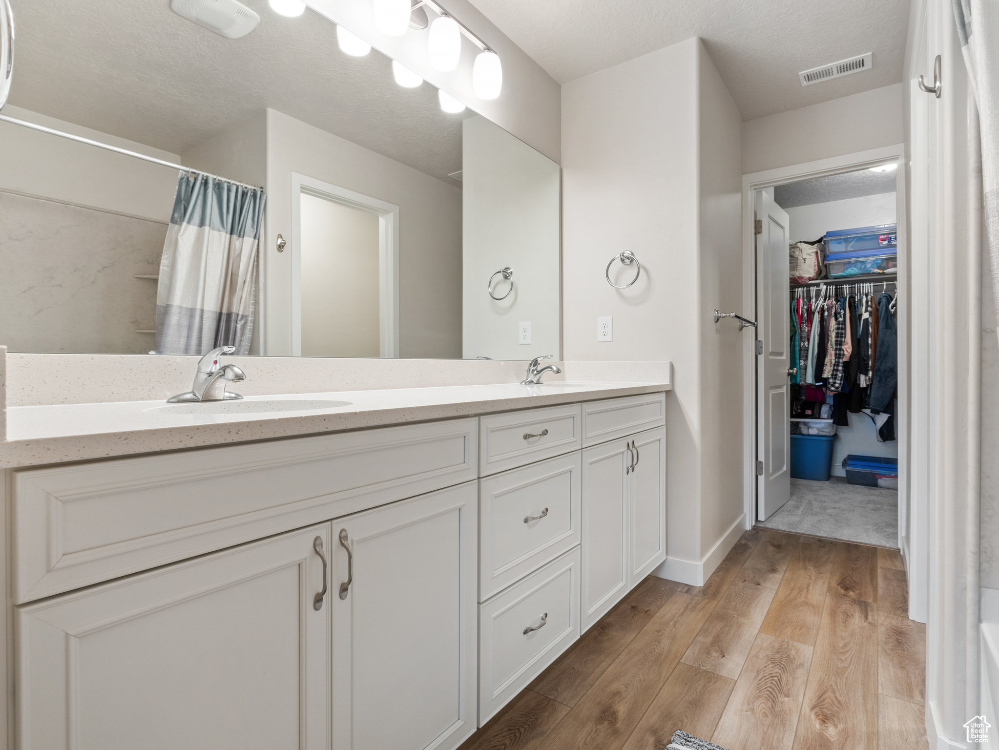 Bathroom with hardwood / wood-style floors, vanity, and curtained shower