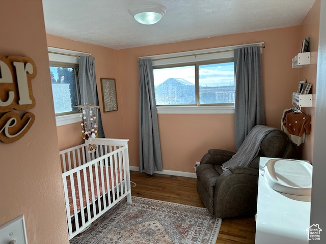 Bedroom featuring a mountain view, a nursery area, and wood-type flooring