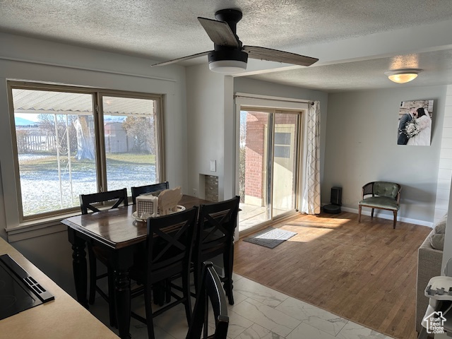 Dining area with ceiling fan, light hardwood / wood-style flooring, and a textured ceiling