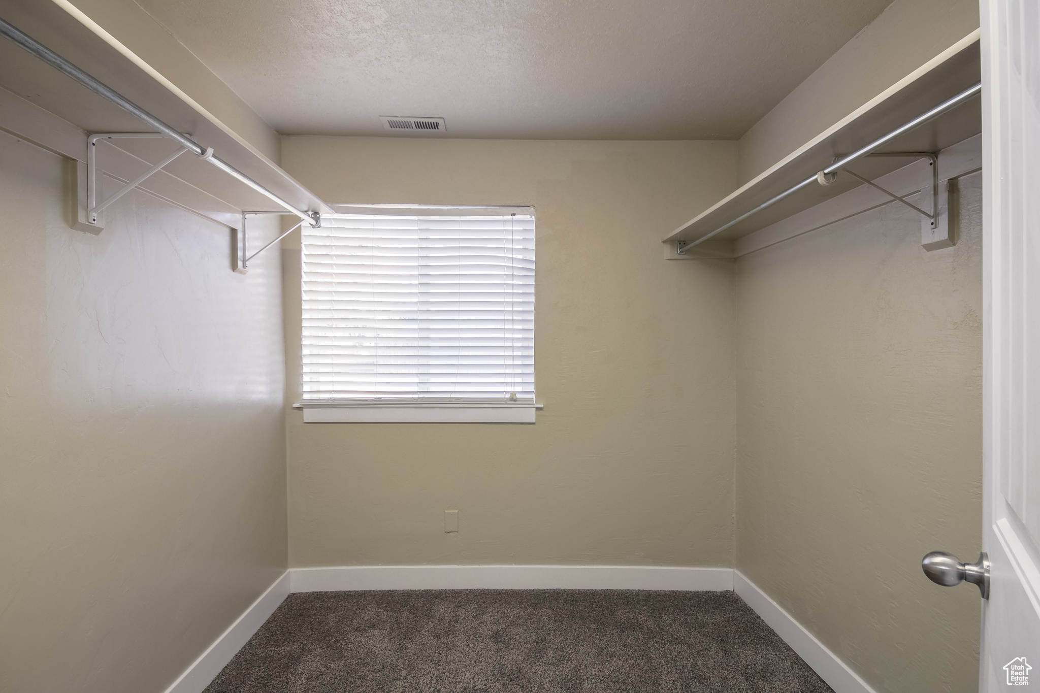 Walk in closet with dark colored carpet