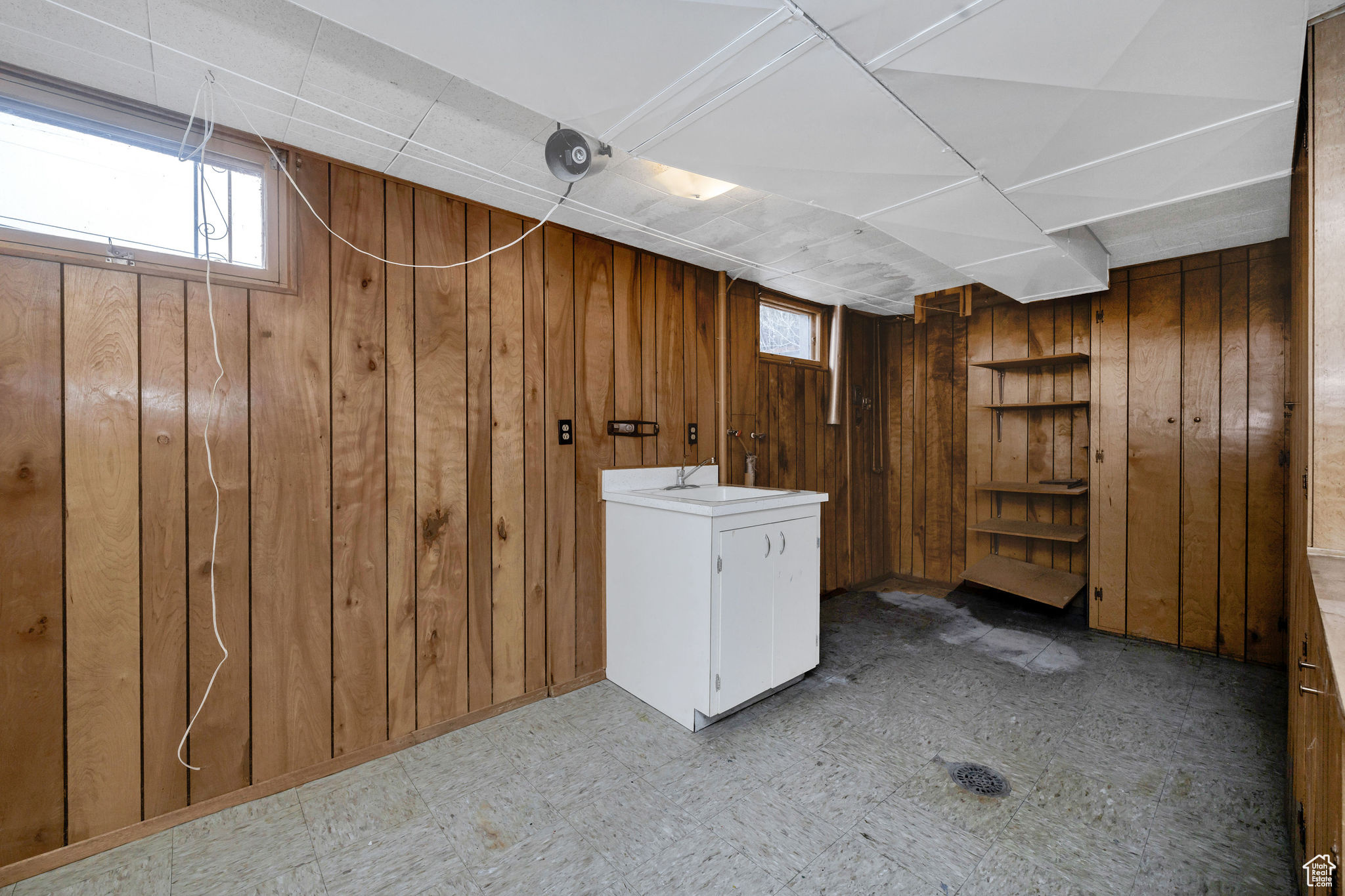 Basement featuring sink and wood walls