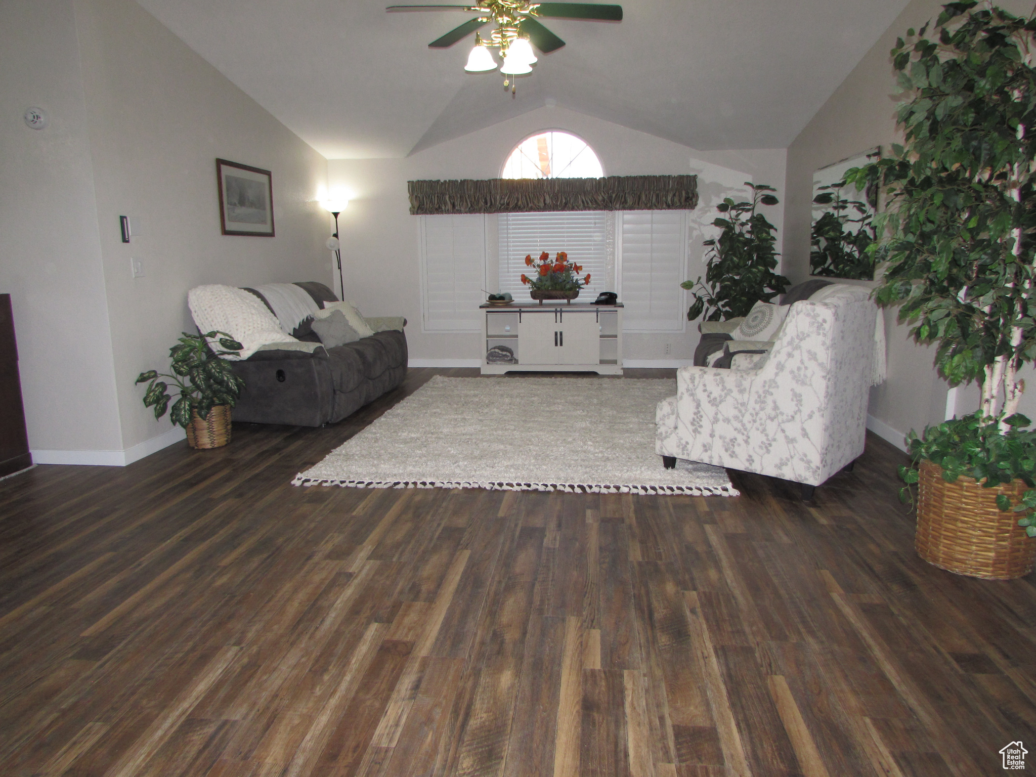 Living room featuring Sunburst window, dark hardwood / wood-style floors, vaulted ceiling, and ceiling fan