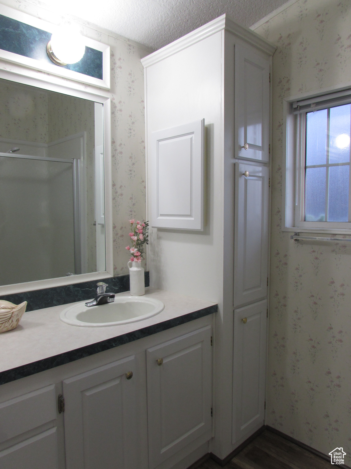 Master Bathroom featuring vanity, lots of extra storage, wood-type flooring, and an enclosed shower