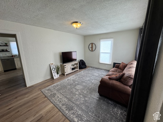 Living room featuring a textured ceiling and dark wood-type flooring