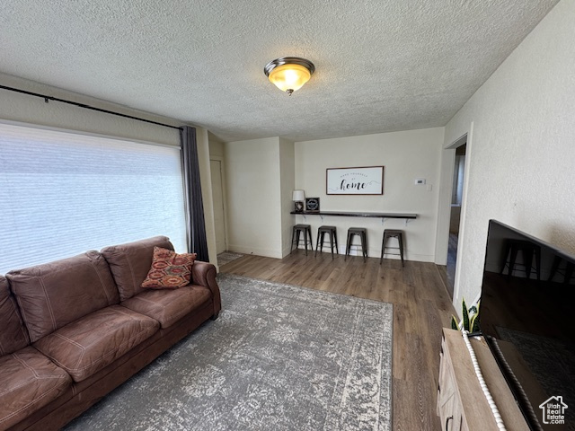 Living room featuring a textured ceiling and dark wood-type flooring