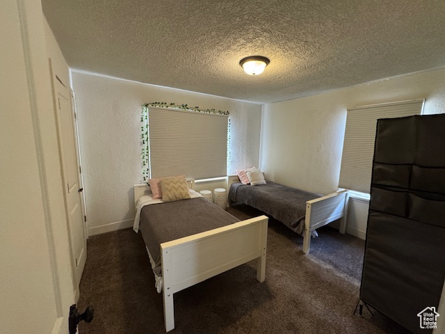 Carpeted bedroom with a textured ceiling