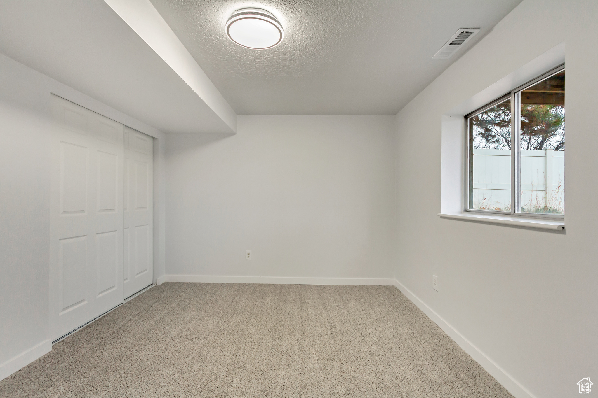 Interior space featuring carpet flooring and a textured ceiling