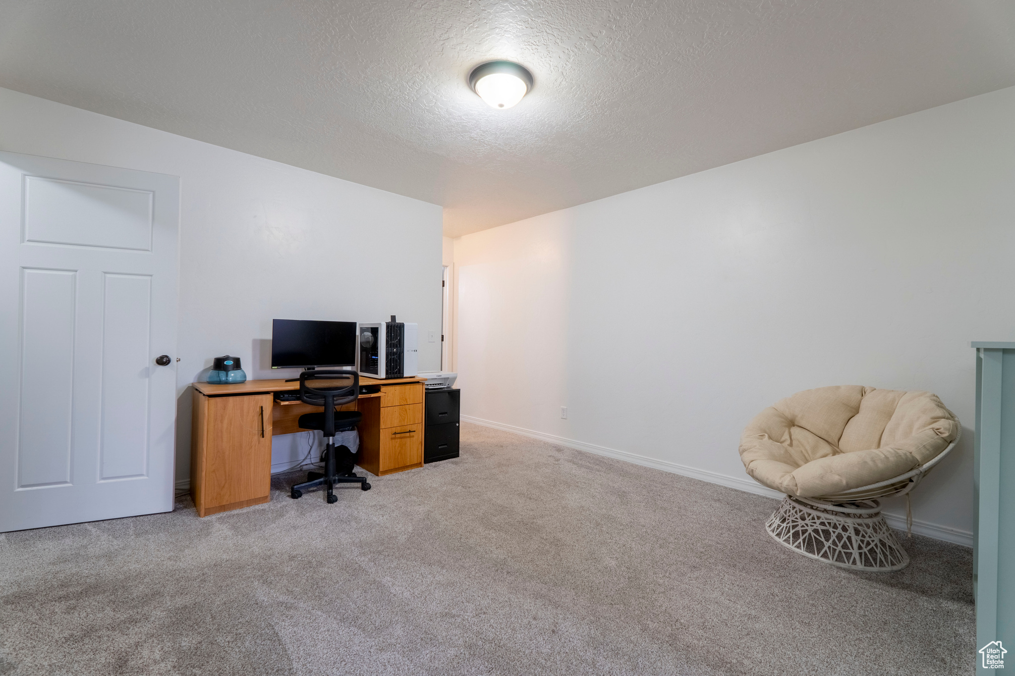 Office area featuring light colored carpet and a textured ceiling