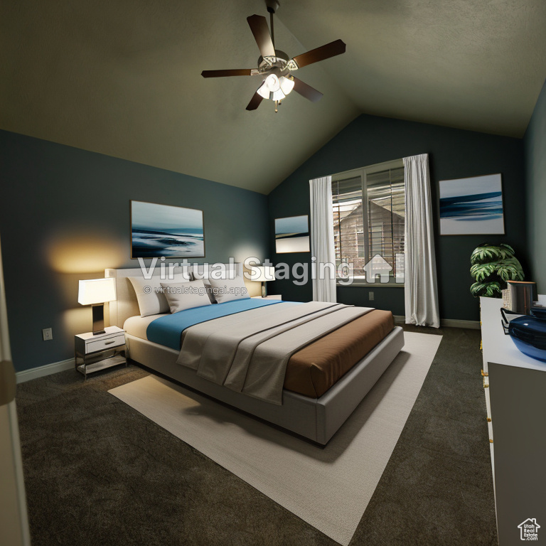 Carpeted bedroom with ceiling fan and vaulted ceiling