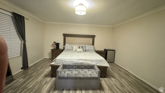 Bedroom with dark hardwood / wood-style floors and ornamental molding